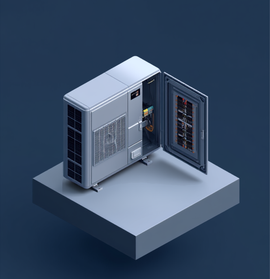 Ilustração 3D de unidade VRF/VRV ao lado de quadro elétrico aberto mostrando disjuntores organizados