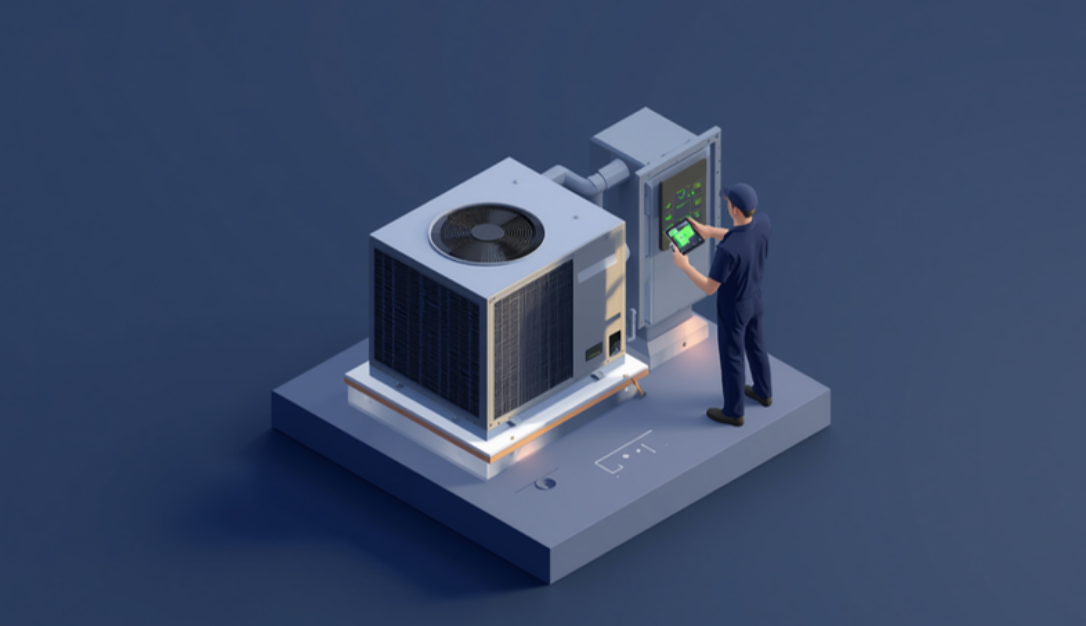 Ilustração 3D de técnico inspecionando unidade condensadora com tablet mostrando checklist digital
